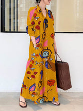 Buttoned Pockets Printed Long Sleeves Loose Lapel Shirt Dress Maxi Dresses